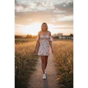 Betsey Johnson XL Floral Baby Doll Dress 100% Polyester Off Shoulder Puff Sleave